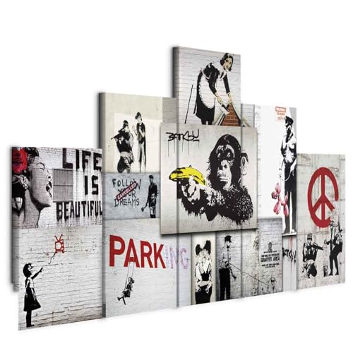 B&D XXL - Akustikbild Abstrakt Banksy 5 tlg - Bilder Akustikschaum Schallschutz Wand Deko Kunst Akustikpaneele Wandpaneele Schalldämmung Wandbild Schallabsorber Akustikplatten f-C-0138-b-m
