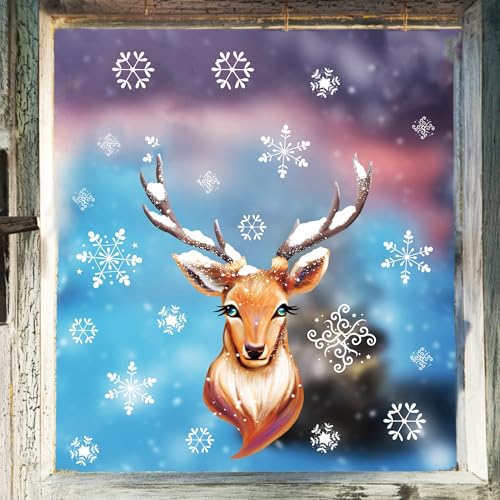 Wandtattoo Loft Fensterbilder Weihnachten Hirsch und Schneeflocken – Wiederverwendbar – A4 Bogen – Weihnachstdeko Fenster Kinderzimmer, Weihnachtsbilder Fenster, Fensterbild Winter