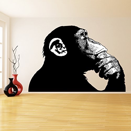 Banksy Vinyl Wandaufkleber Thinking AFFE mit weißen Teile/Bunt Realistisch Elegant Ape/Street Art Graffiti Wandsticker + Gratis Aufkleber Geschenk - Weiß, 100x68 cm