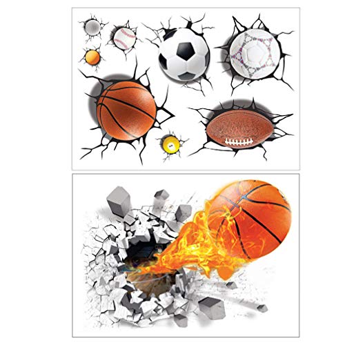 BESPORTBLE 2 Stück 3D Sportball Wandaufkleber Fußball Fußball Basketball Geknackt Wandtattoo Dekorative Tapete Abnehmbare Wanddekoration für Kinderzimmer Spielzimmer Kinderzimmer