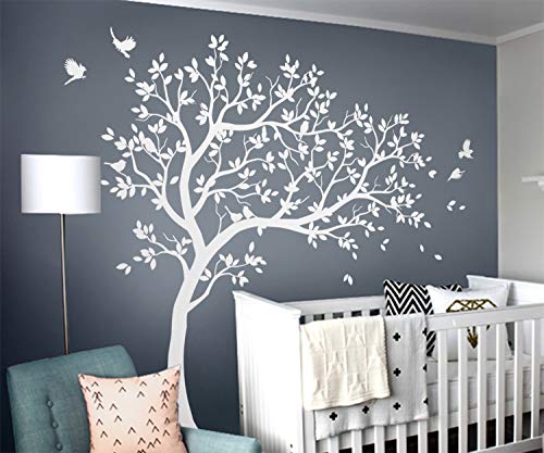 Weißer Baum Wandtattoo Kinderzimmer Baum mit Vögeln Weiß Wandaufkleber KW032R