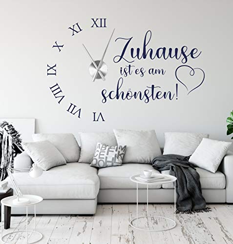 tjapalo® a230 Wanduhr Wohnzimmer Wandtattoo Uhr Sprüche Zitate Zuhause ist es am schönsten Wandspruch Wandaufkleber mit Uhrwerk, Größe: B90 x H58cm (+Uhrwerk schwarz), Farbe: dunkelrot