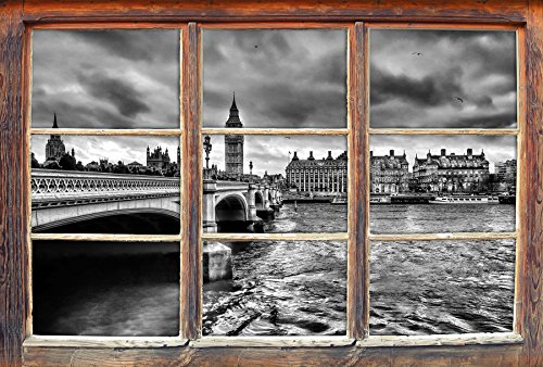 Stil.Zeit Monocrome, Themse London Big Pen Großbritannien Fenster im 3D-Look, Wand- oder Türaufkleber Format: 62x42cm, Wandsticker, Wandtattoo, Wanddekoration
