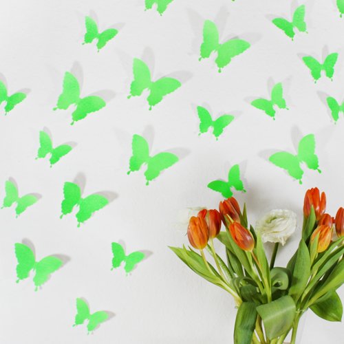 WANDKINGS  Schmetterlinge im 3D-Style in NEON Gruen zur Wanddekoration, 24 STÜCK im Set mit Klebepunkten zur Fixierung