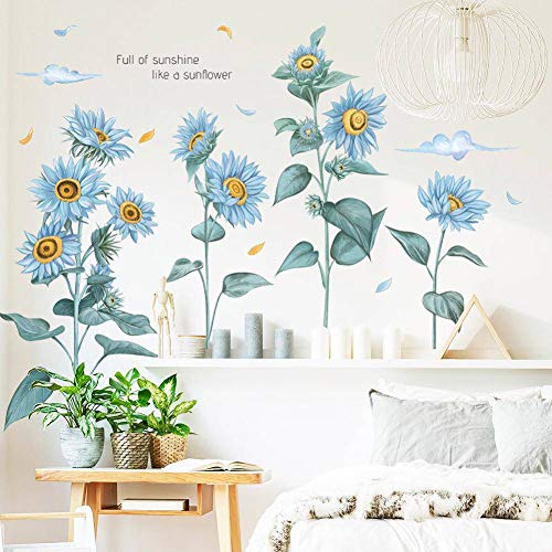 WandSticker4U®- XL Wandsticker SONNENBLUMEN in BLAU I Wandbilder: 96x76 cm I Wandtattoo Wohnzimmer Blumen Blätter Pflanzen Liebe Wand-aufkleber I Wand Deko für Schlafzimmer Küche Flur