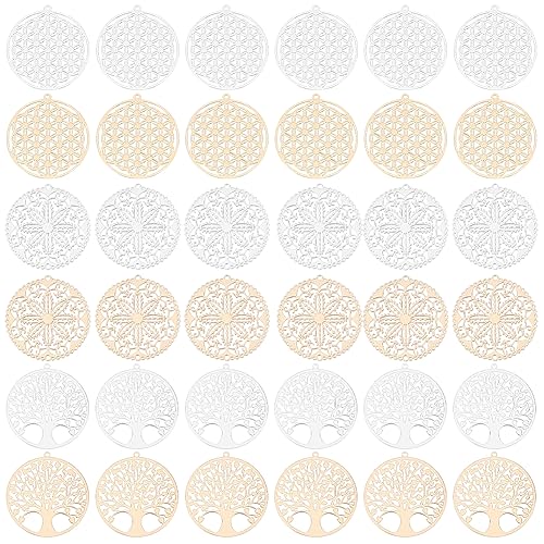UNICRAFTALE 36 STK 2 Farben 6 Stile Flach Rund Mit Filigranen Blumen Anhänger Messing Baum des Lebens Verbindungs Charm Blume Metall Charms Für Halskette Armband Schmuckherstellung