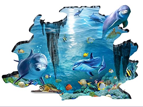 Rainbow Fox 3D Meer Wandtattoo Hai und Fische schwimmen im blauen Ozean Abnehmbarer 3D-Wandaufkleber Kunst für Kinderschmuck