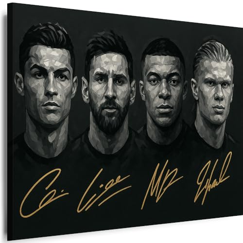 Julia-Art - Bilder Fußball 4 legendäre Spieler Ronaldo, Messi, Mbappe, Haaland Leinwandbilder XXL Wandbilder Kunstdrucke 60 x 40 cm Sportbild j-a-28287-1
