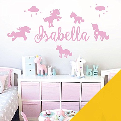 Wandtattoo, Motiv Einhörner, Sterne und Wolken, personalisierbar, Schild Vinyl, sonnenblume, Name Size: Medium (580 x 150mm)