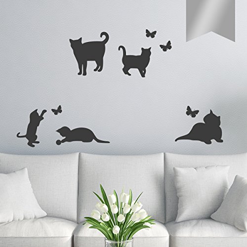 Wandkings Wandtattoo, 5 Katzen mit 4 Schmetterlingen im Set - Farbe und Größe wählbar