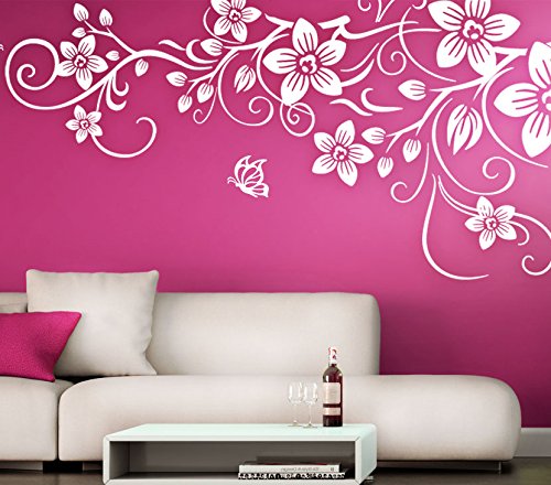 Wandora Wandtattoo Blumenranke mit Schmetterlingen I weiß (BxH) 58 x 29 cm I Wohnzimmer Hibiskus Blumen Sticker Aufkleber Wandaufkleber Wandsticker G011