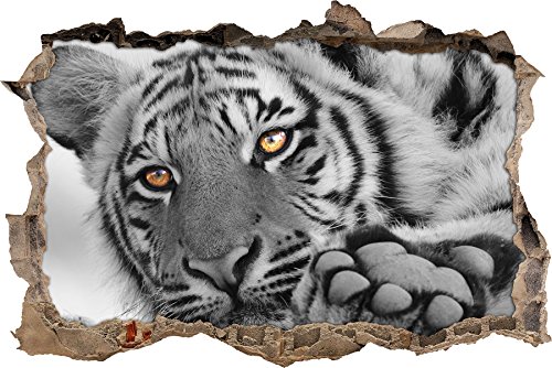 Pixxprint 3D_WD_5095_92x62 entspannter Tiger Wanddurchbruch 3D Wandtattoo, Vinyl, schwarz / weiß, 92 x 62 x 0,02 cm