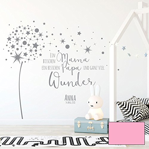 Wandtattoo Babyzimmer Wandsticker Pusteblume Spruch Zitat & Sterne mit Namen & Datum M2342 - ausgewählte Farbe: *rosa* ausgewählte Größe: *M - 100cm hoch x 122cm breit*
