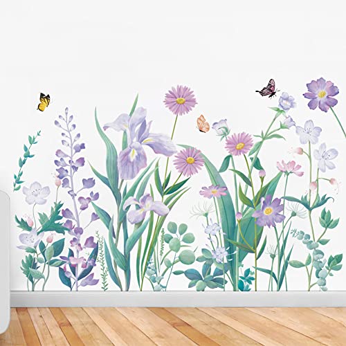 Runtoo Wandtattoo Blumen Lila Wandsticker Blumenwiese Garten Wandaufkleber Wohnzimmer Kinderzimmer Schlafzimmer