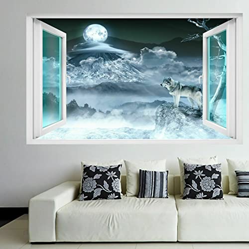 Wandtattoo - Wolf Mond Nacht Wandkunst Aufkleber Wandtattoo Kinderzimmer Home Office Decor- DIY Aufkleber Wandbild - 50x70cm
