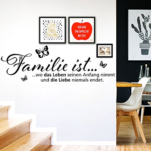 Grandora Wandtattoo Spruch Familie ist + Schmetterlinge I schwarz (BxH) 58 x 19 cm I Wohnzimmer Küche Sticker Aufkleber Wandaufkleber Wandsticker Zitat W970