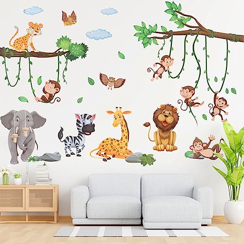 Wandtattoo Kinderzimmer Tiere,2 Karten Wandtattoo Dschungel Wandsticker Babyzimmer Elefant Affe Giraffe Löwe Zebra Dschungel Deko kinderzimmer Babyzimmer Schlafzimmer Wanddeko