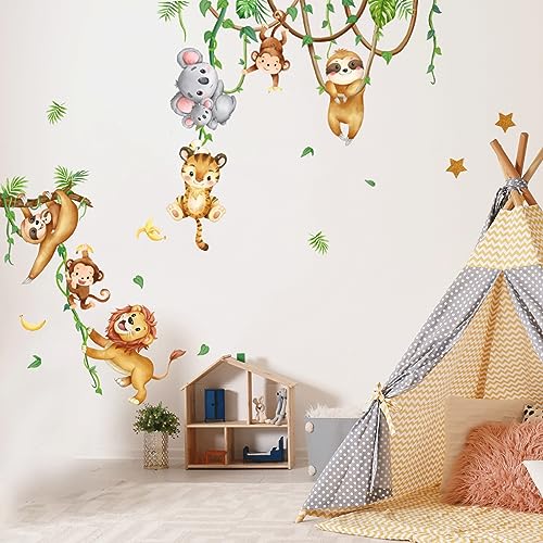 Wandtattoo Dschungel Wandtattoo Kinderzimmer Wandsticker Babyzimmer Wandaufkleber Kinderzimmer Elephant Löwe Affen Koala Wald Tiere Wandsticker Für Junge Baby Schlafzimmer Wanddeko Mädchen