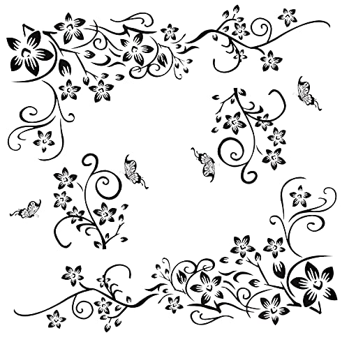 2 Stück Schwarz Wandtattoo Ornamente set für Wanddeko, Blumen Ranke Schmetterlinge Pflanzen Rebe Wandsticker Wandaufkleber Kleben Aufkleber Wandbilder für Wohnzimmer Schlafzimmer Vorraum Flur Fenster