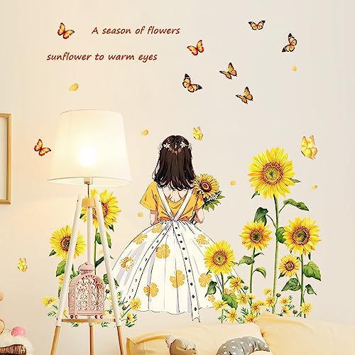 Wandtattoo Blumen Cartoon-Mädchen-Sonnenblumen-Blumen-Schmetterlings-Hintergrund-Wandaufkleber Abnehmbare Wandaufkleber Heimdeko Kinderzimmer Schlafzimmer Deko