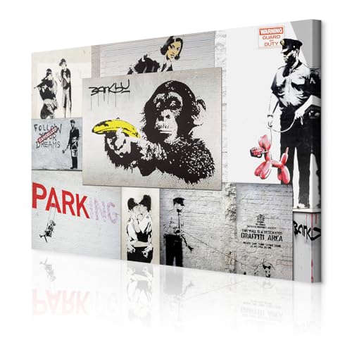 decomonkey Akustikbild Banksy Street Art 120x80 cm 1 Teilig Leinwand Modern Bilder Wandbilder XXL Schallschlucker Schallschutz Akustikdämmung Wandbild Deko Leise Collage