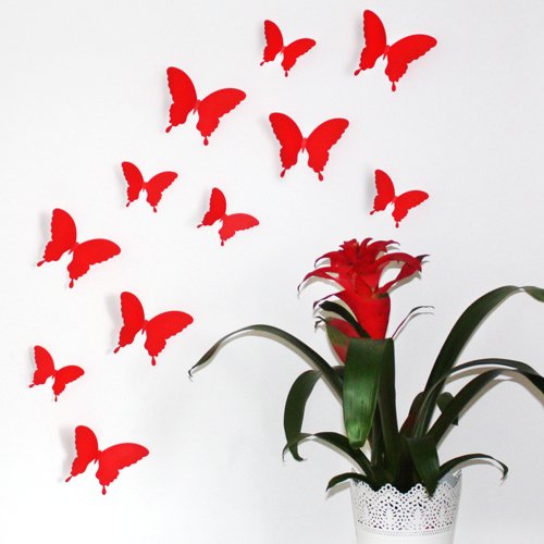 Wandkings Schmetterlinge im 3D-Style in ROT, 12 Stück, Wanddekoration mit Klebepunkten zur Fixierung