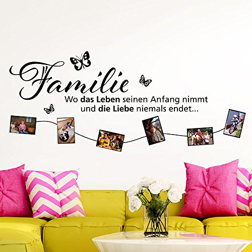 Grandora Wandtattoo Spruch Familie Wo das Leben + Schmetterlinge I schwarz (BxH) 137 x 58 cm I Wohnzimmer Sticker Aufkleber Wandaufkleber Wandsticker W965