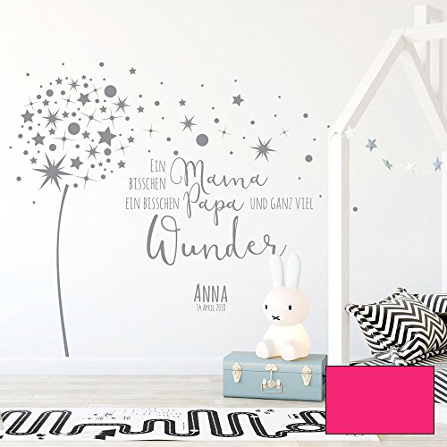 Wandtattoo Babyzimmer Wandsticker Pusteblume Spruch Zitat & Sterne mit Namen & Datum M2342 - ausgewählte Farbe: *pink* ausgewählte Größe: *L - 120cm hoch x 152cm breit*