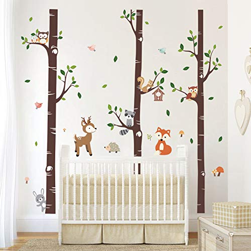 decalmile Wandtattoo Groß Birke Wandsticker Bäume Wald Tier Hirsch Wandaufkleber Babyzimmer Kinderzimmer Schlafzimmer Wanddeko (XL)(H: 174cm)