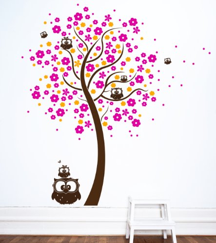 Eulen auf dem Baum mit Blüten und Punkten Eulenbaum Eulenwandtattoo Wandtattoo Eulen Baum mit Eulen M1030 (XXL 180cm hoch x 114cm breit)