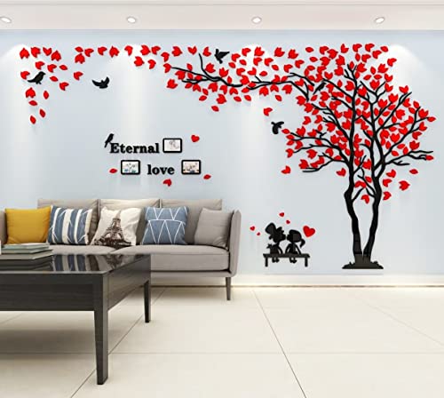 Baum Wandaufkleber Wandtattoo 3D DIY Sticker mit Familie Bilderrahmen Fotorahmen Wandbilder Wandkunst für Wohnzimmer Schlafzimmer Kinderzimmer (Rot Rechts,XL-180 * 350cm)