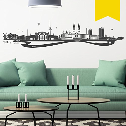 WANDKINGS Wandtattoo - Skyline Bremen (mit Fluss) - 300 x 68 cm - Gelb - Wähle aus 6 Größen & 35 Farben