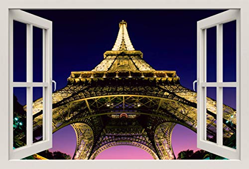 Unified Distribution Eifelturm Paris bei Nacht - Wandtattoo mit 3D Effekt, Aufkleber für Wände und Türen Größe: 92x61 cm, Stil: Fenster