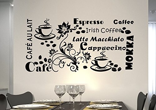 Wandtattoo wandaufkleber Aufkleber Wandsticker wall sticker Wohnzimmer Schlafzimmer Kinderzimmer KÜCHE 30 Farben zur Wahl Wandtext Wandwort Wandspruch spruch Zitat Küche Schriftzug CAFE COFFEE KAFFEE KÜCHE blume Ranke wkf02(070 schwarz, Größe1:ca.60