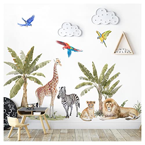 Grandora Dschungeltiere Wandsticker Safari Zebra Giraffe Löwe Wandtattoo für Kinderzimmer Wandaufkleber Tropische Bäume Babyzimmer Deko DL842-5