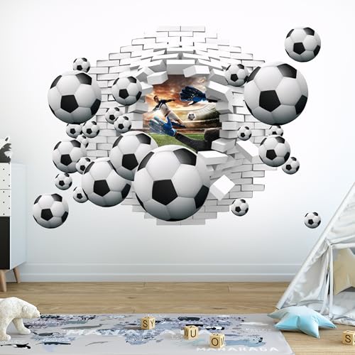 WUISOLQP 3D Fussball Wandtattoo Sticker Durchbruch Wandaufkleber für Kinderzimmer Jungen Bunte Fußball Wandbild Wandtattoo Junge Teenager Selbstklebend Fußball Wandstikcer für Schlafzimmer Deko