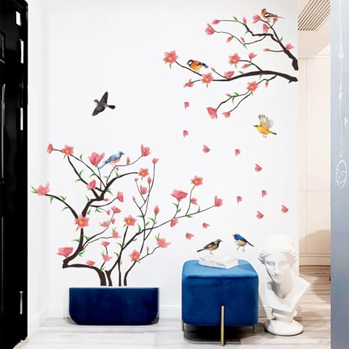 astylishome Wandsticker Kinderzimmer Jungen Große Baum Wandaufkleber Wandtattoo mit Großen Blüten Vögel und Blätter Kinderzimmer Wandkunst Aufkleber Wandbild Äste 0211