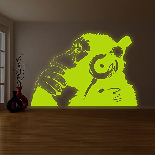 (220x 153cm) Banksy Glowing Vinyl Wand Aufkleber Affe mit Kopfhörer/Glow in Dark Chimp hören Musik Kopfhörer/Leuchtziffern Art Graffiti Aufkleber