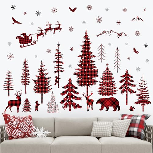 wondever Wandtattoo Karierter Baum Kiefer Weihnachten Wandaufkleber Weihnachtsbaum Waldtiere Weihnachten Fenster Wandsticker Wanddeko für Weihnachten Party Fenster Weihnachtsdeko