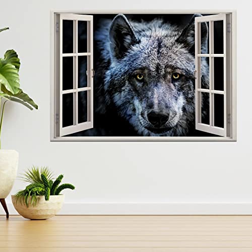 Wandtattoo Abnehmbar Animal Dangerous Wolf Moon Night 3D Fensteransicht Wandaufkleber Poster Aufkleber - 50x70CM