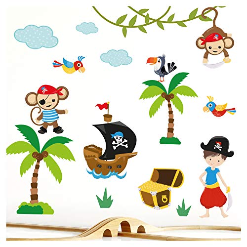 Little Deco Wandaufkleber Kinderzimmer Pirat Junge I 2 A4 Bögen I Wandtattoo Wandsticker Piratenschiff Babyzimmer Tiere Affen DL214-5
