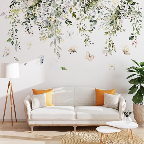 Dokeno Wandtattoo Pflanzen Wandsticker, Wandaufkleber Hängende Rebe Grüne Blätter Blumen Schmetterlinge, Wanddeko Wandsticker Pflanzen Selbstklebend für Wohnzimmer Schlafzimmer