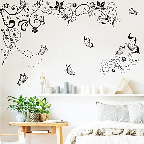 Runtoo Wandtattoo Blumenranke Hängende Rebe Schmetterling Wandsticker Schwarze Blumen Wandaufkleber Wohnzimmer Schlafzimmer Kinderzimmer