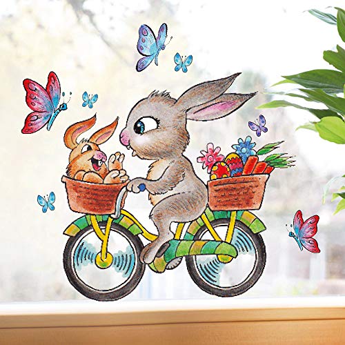 Wandtattoo-Loft Fensterbilder Frühling Hase auf Fahrrad Fensteraufkleber Ostern wiederverwendbar mit Schmetterlingen DIN A4