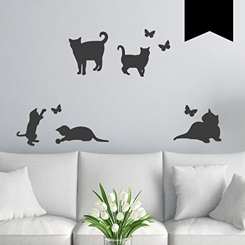 Wandkings Wandtattoo, 5 Katzen mit 4 Schmetterlingen im Set - Farbe und Größe wählbar
