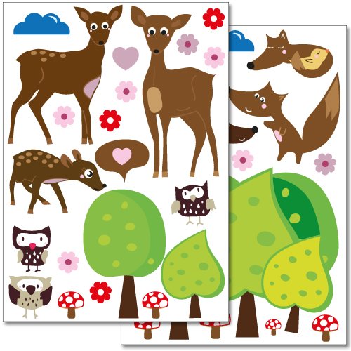 Wandkings Waldtiere Wandsticker Set, 38 Aufkleber, 2 DIN A4 Bögen, Gesamtfläche 60 x 20 cm