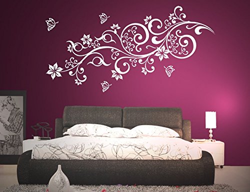 Wandtattoo wandaufkleber Aufkleber Wandsticker wall sticker Wohnzimmer Schlafzimmer Kinderzimmer Ranke Blume Blumen Blumenranke Blumeranke Vine Flower Butterfly floral 30 Farben zur Wahl wpf29 (010 weiss, Größe2:ca.140x48cm)