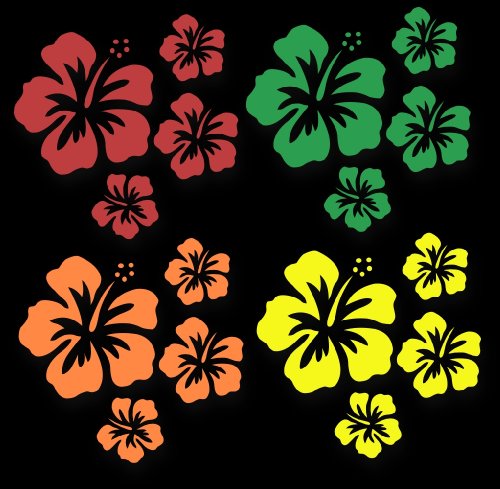XL MIXED SET HIBISKUS Blüten ~Hippie Rainbow~, 16 Stück Autoaufkleber Blumen bunte Sticker Outdoor, Wandtattoo & Fensterbild in 4 Farben, rot, grün, orange, gelb