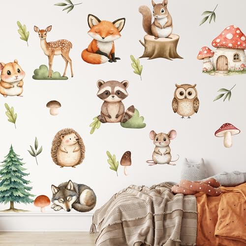 GRAZDesign Wandtattoo Kinderzimmer Waldtiere - Fuchs, Eule, Hirsch, Waschbär Abziehbare Wandsticker für Babyzimmer oder Spielzimmer für Jungen und Mädchen