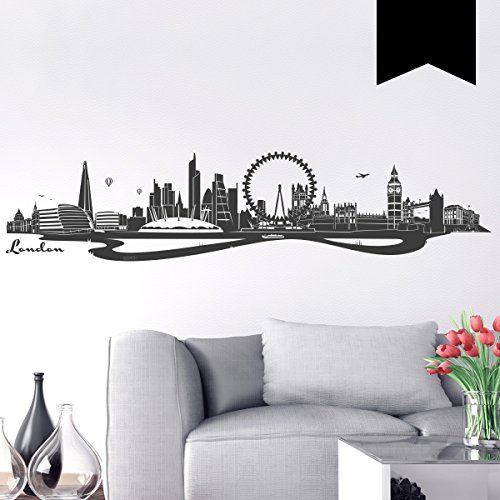 Wandkings Wandtattoo Skyline London (mit Sehenswürdigkeiten und Wahrzeichen der Stadt) 90 x 20 cm schwarz - erhältlich in 33 Farben